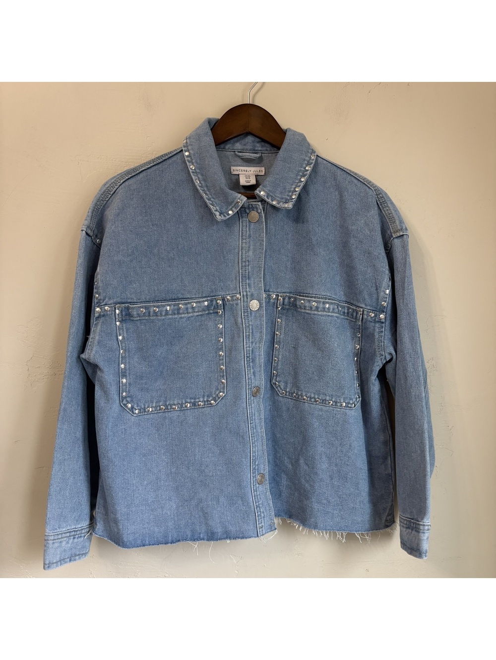 Sincerely Jules Studded Light Wash Denim Jacket Raw Hem Trucker Size M
